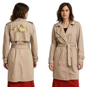 SH|collection neutral tan embroidered floral back trench coat